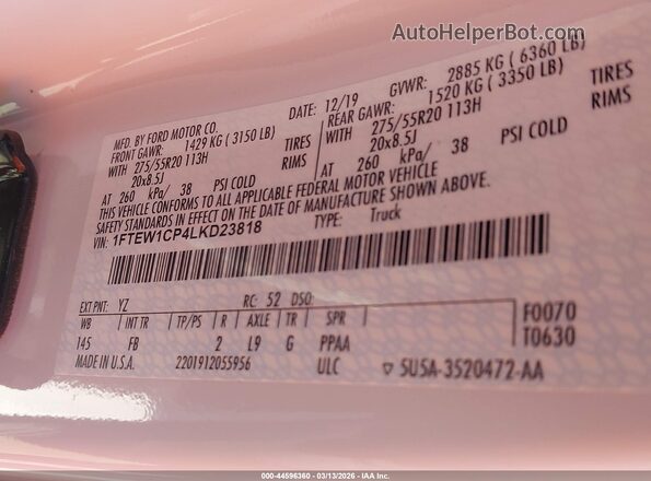 1FTEW1CP4LKD23818 2020 FORD F150 Белый Вид подкапотного пространства