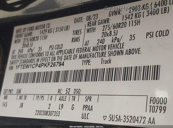 1FTEW1CP4PKF26794 2023 FORD F150 Черный Вид подкапотного пространства