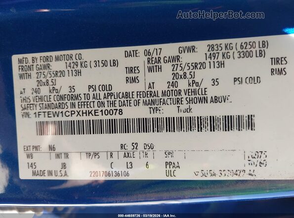 1FTEW1CPXHKE10078 2017 FORD F150 Blue Vista de la etiqueta del VIN