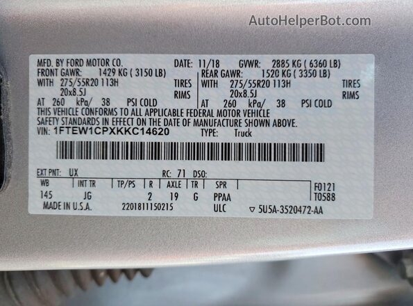 1FTEW1CPXKKC14620 2019 FORD F150 Серебряный Вид подкапотного пространства