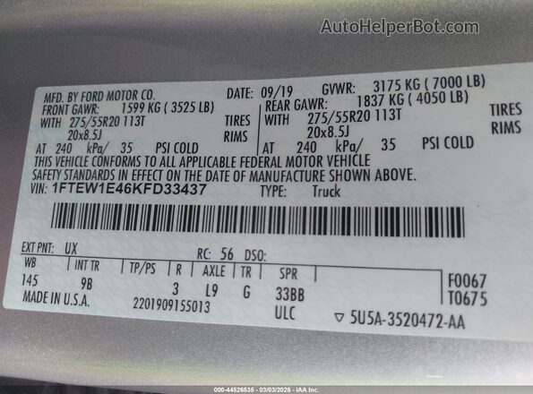 1FTEW1E46KFD33437 2019 FORD F150 Gray Շարժիչի բաժամունքի տեսք