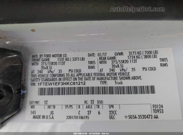1FTEW1EF3HKC61212 2017 FORD F150 Белый Вид подкапотного пространства