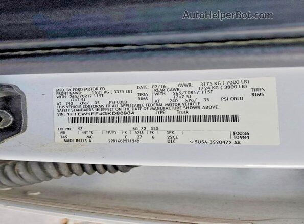 1FTEW1EF4GKD80904 2016 FORD F150 Белый Вид подкапотного пространства