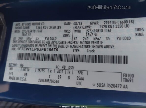1FTEW1EP6JFE15676 2018 FORD F150 Blue Widok komory silnika