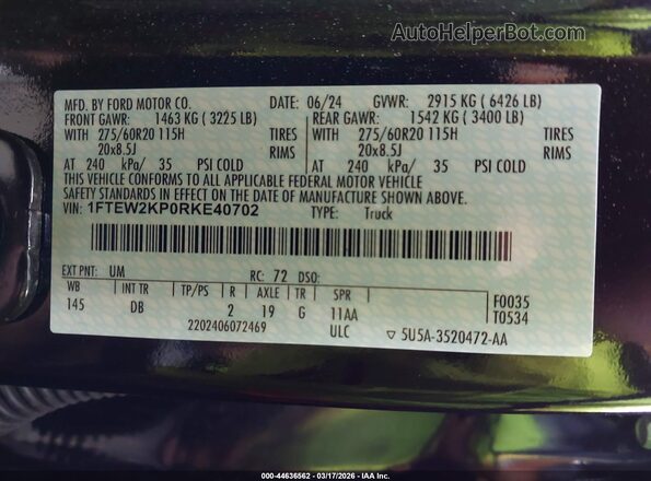 1FTEW2KP0RKE40702 2024 FORD F150 Черный Вид подкапотного пространства