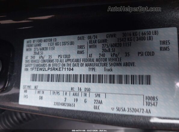 1FTEW2LP5RKE71104 2024 FORD F150 Серый Вид подкапотного пространства