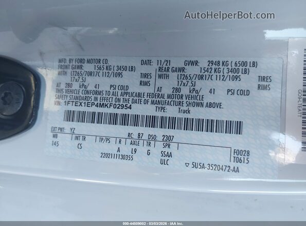 1FTEX1EP4MKF02954 2021 FORD F150 White Widok komory silnika