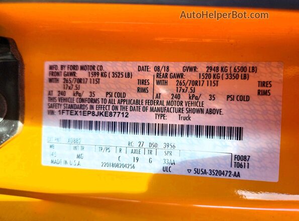 1FTEX1EP8JKE87712 2018 FORD F150 Желтый Вид подкапотного пространства