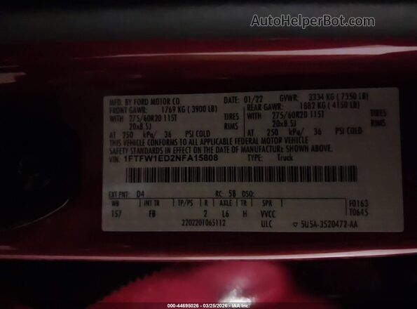 1FTFW1ED2NFA15808 2022 FORD F150 Темно-бордовый Вид подкапотного пространства