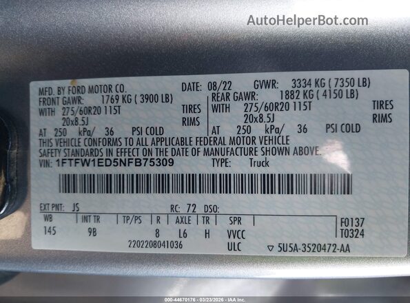 1FTFW1ED5NFB75309 2022 FORD F150 Серебряный Вид подкапотного пространства