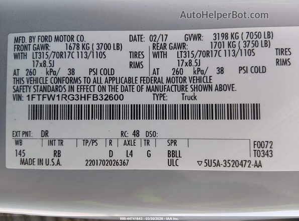 1FTFW1RG3HFB32600 2017 FORD F150 Gray Widok komory silnika
