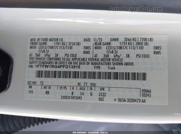 1FTFW1RG4PFD13915 2023 FORD F150 Белый Вид подкапотного пространства