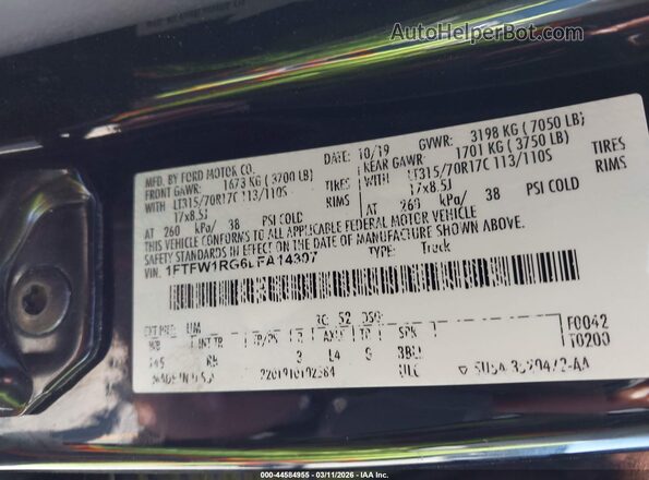 1FTFW1RG6LFA14307 2020 FORD F150 Черный Вид подкапотного пространства