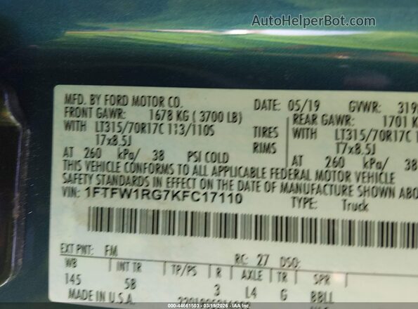 1FTFW1RG7KFC17110 2019 FORD F150 Blue Vista del compartimento del motor