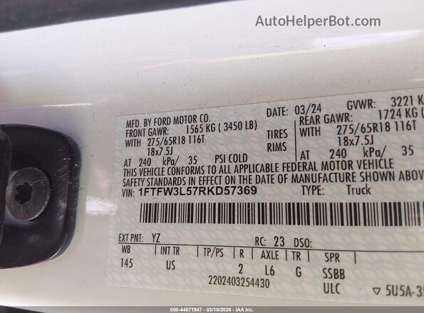 1FTFW3L57RKD57369 2024 FORD F150 Белый Вид подкапотного пространства