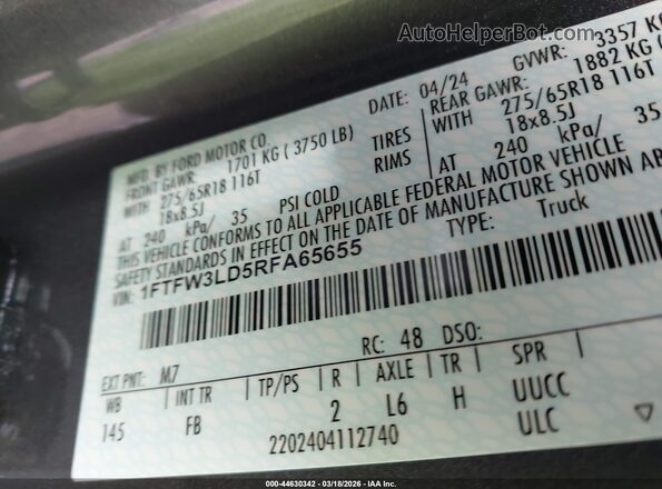 1FTFW3LD5RFA65655 2024 FORD F150 Gray Engine compartment view