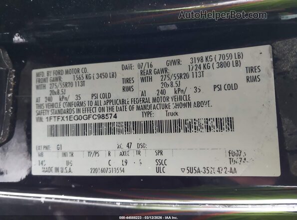1FTFX1EG0GFC98574 2016 FORD F150 Black Widok komory silnika