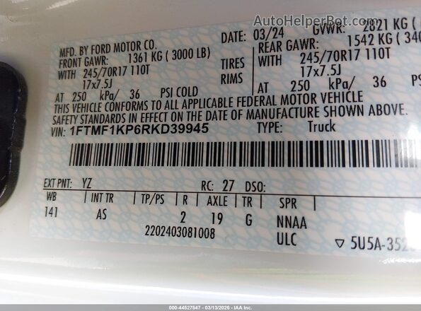 1FTMF1KP6RKD39945 2024 FORD F150 Белый Вид подкапотного пространства