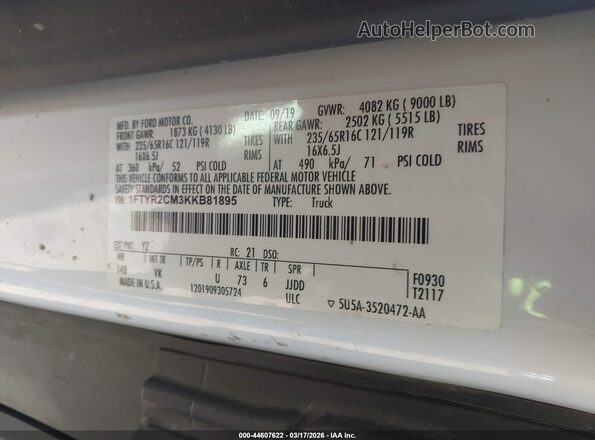 1FTYR2CM3KKB81895 2019 FORD TRANSIT-250 Белый Вид подкапотного пространства