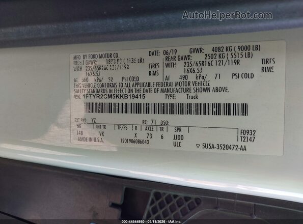 1FTYR2CM5KKB19415 2019 FORD TRANSIT-250 Белый Вид подкапотного пространства