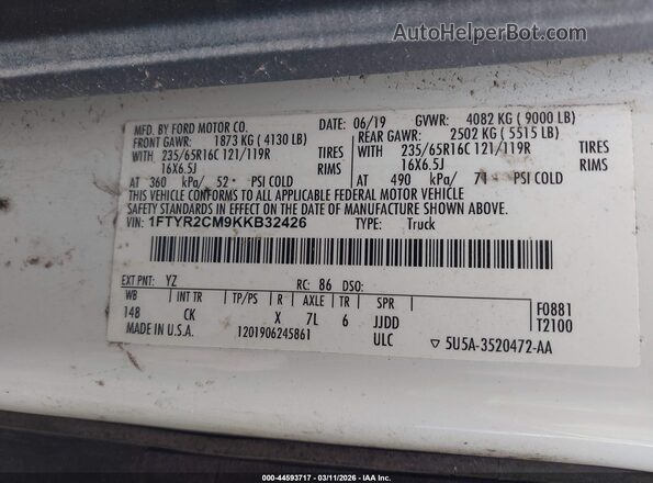 1FTYR2CM9KKB32426 2019 FORD TRANSIT-250 Белый Вид подкапотного пространства