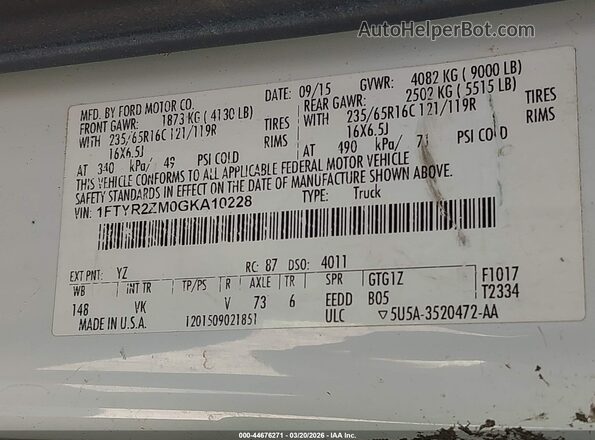 1FTYR2ZM0GKA10228 2016 FORD TRANSIT-250 Белый Вид подкапотного пространства