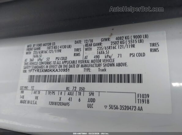1FTYR3XM0KKA30951 2019 FORD TRANSIT-250 Белый Вид подкапотного пространства