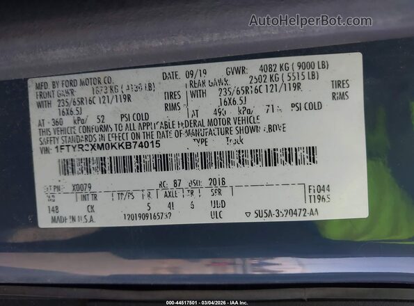 1FTYR3XM0KKB74015 2019 FORD TRANSIT Blue Vista del compartimento del motor