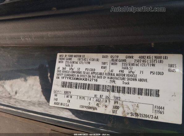 1FTYR3XM6KKB12716 2019 FORD TRANSIT-250 Navy Widok komory silnika