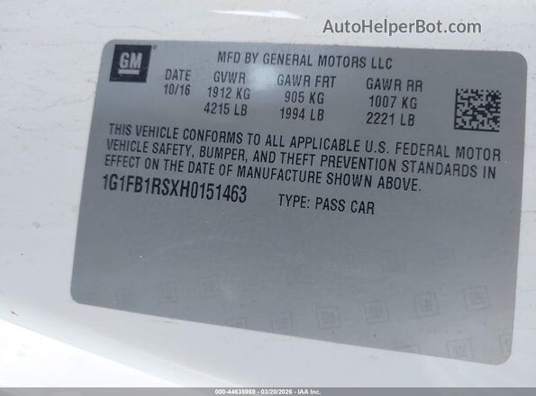 1G1FB1RSXH0151463 2017 CHEVROLET CAMARO Белый Вид подкапотного пространства