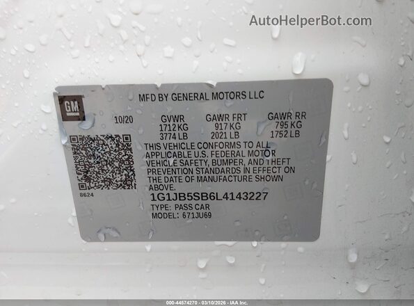 1G1JB5SB6L4143227 2020 CHEVROLET SONIC White Widok komory silnika