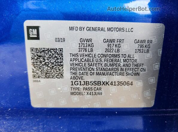 1G1JB5SBXK4135064 2019 CHEVROLET SONIC Blue Widok komory silnika