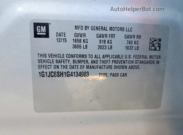 1G1JC6SH1G4134903 2016 CHEVROLET SONIC Серебряный Вид наклейки с VIN-кодом