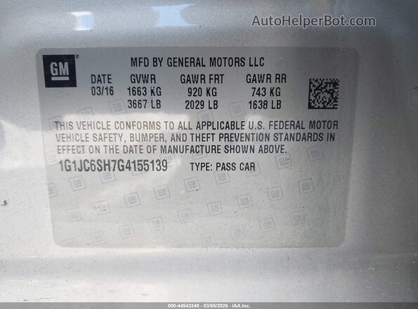 1G1JC6SH7G4155139 2016 CHEVROLET SONIC Серебряный Вид подкапотного пространства
