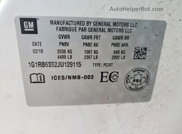 1G1RB6S52JU129115 2018 CHEVROLET VOLT White Widok komory silnika