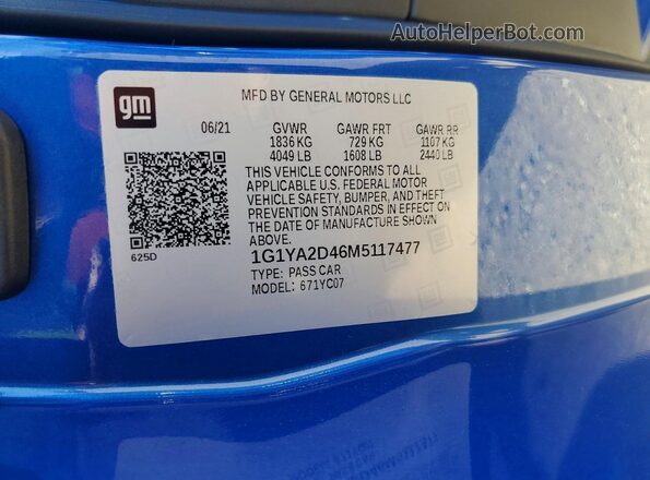 1G1YA2D46M5117477 2021 CHEVROLET CORVETTE Blue Շարժիչի բաժամունքի տեսք