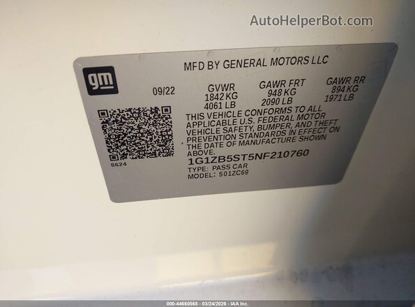 1G1ZB5ST5NF210760 2022 CHEVROLET MALIBU Белый Вид подкапотного пространства