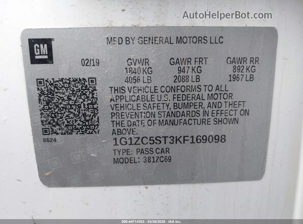 1G1ZC5ST3KF169098 2019 CHEVROLET MALIBU Белый Вид подкапотного пространства