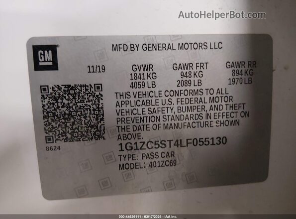 1G1ZC5ST4LF055130 2020 CHEVROLET MALIBU Белый Вид подкапотного пространства
