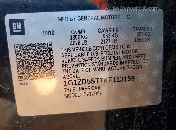 1G1ZD5ST7KF113159 2019 CHEVROLET MALIBU Black VIN კოდის სტიკერის ხედი