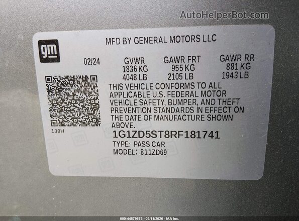 1G1ZD5ST8RF181741 2024 CHEVROLET MALIBU Серый Вид подкапотного пространства