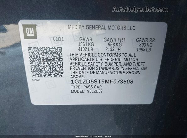 1G1ZD5ST9MF073508 2021 CHEVROLET MALIBU Серый Вид подкапотного пространства