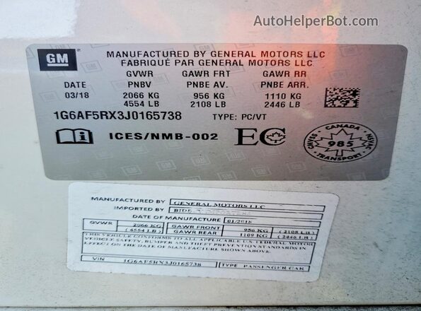 1G6AF5RX3J0165738 2018 CADILLAC ATS White Widok naklejki z numerem VIN