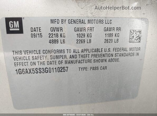 1G6AX5SS3G0110257 2016 CADILLAC CTS Gold Вид підкапотного простору