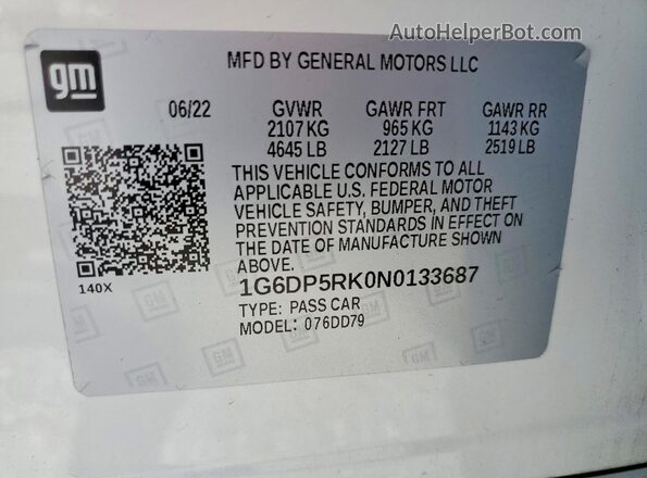 1G6DP5RK0N0133687 2022 CADILLAC CT5 Белый Вид наклейки с VIN-кодом