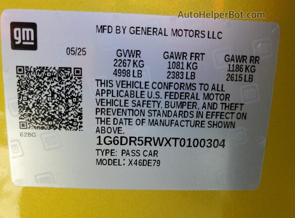 1G6DR5RWXT0100304 2026 CADILLAC CT5 Yellow Вид наклейки з VIN-кодом