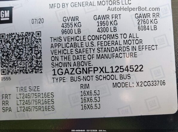 1GAZGNFPXL1254522 2020 CHEVROLET EXPRESS Черный Вид подкапотного пространства