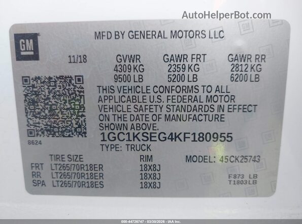 1GC1KSEG4KF180955 2019 CHEVROLET SILVERADO White Widok komory silnika