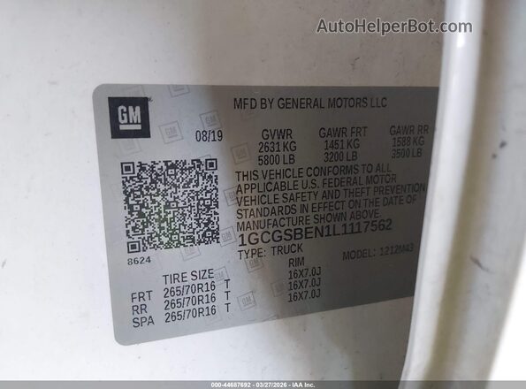1GCGSBEN1L1117562 2020 CHEVROLET COLORADO White Vista del compartimento del motor