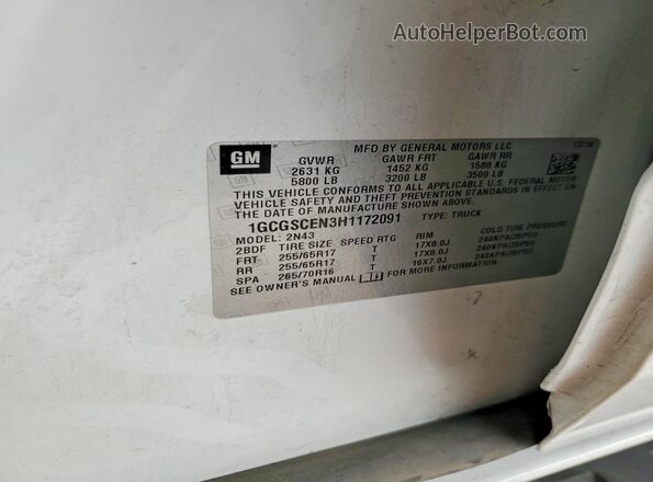 1GCGSCEN3H1172091 2017 CHEVROLET COLORADO Белый Вид наклейки с VIN-кодом
